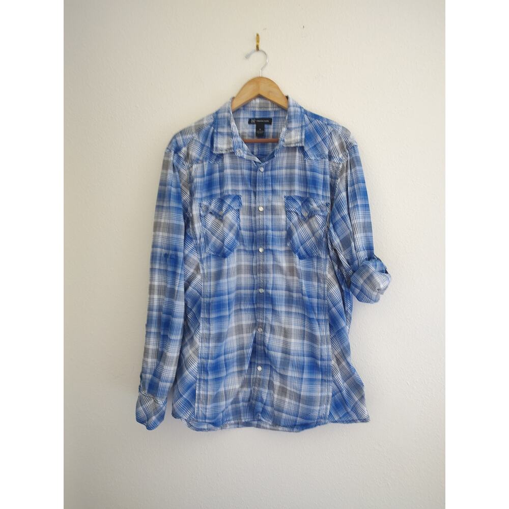 International Concepts INC Blue White Plaid Long Sleeve Snap Front Shirt Size XL
